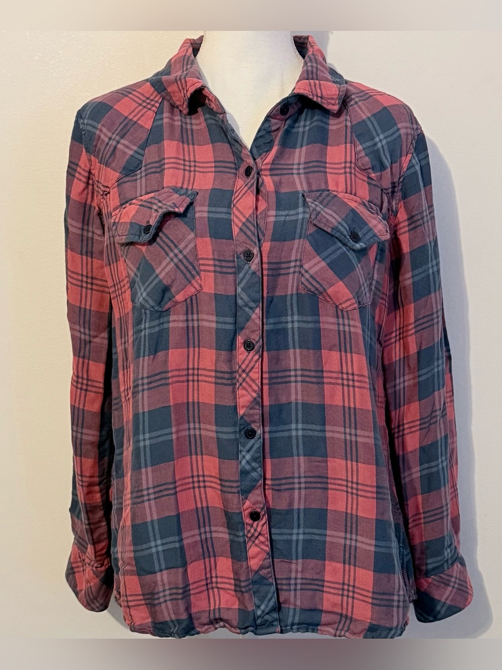 Rails Pink & Blue Plaid Women’s Button Down Flannel Shirt Size Large